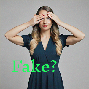 Image of a obviously fake person with the text "Fake?" placed over it