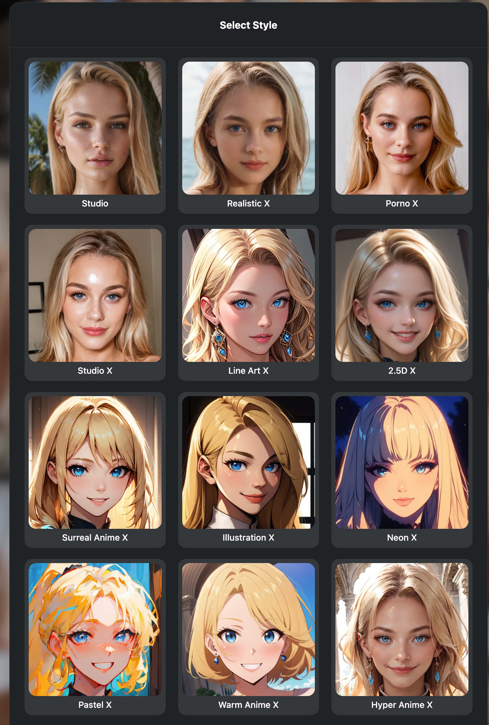 Select style on Create Porn Ai. Styles: Studio, Realistic x, Porno x, Studio x, etc